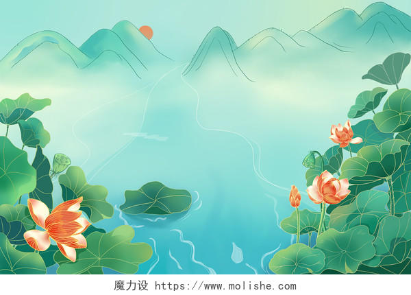 手绘国潮中国风荷花山水背景